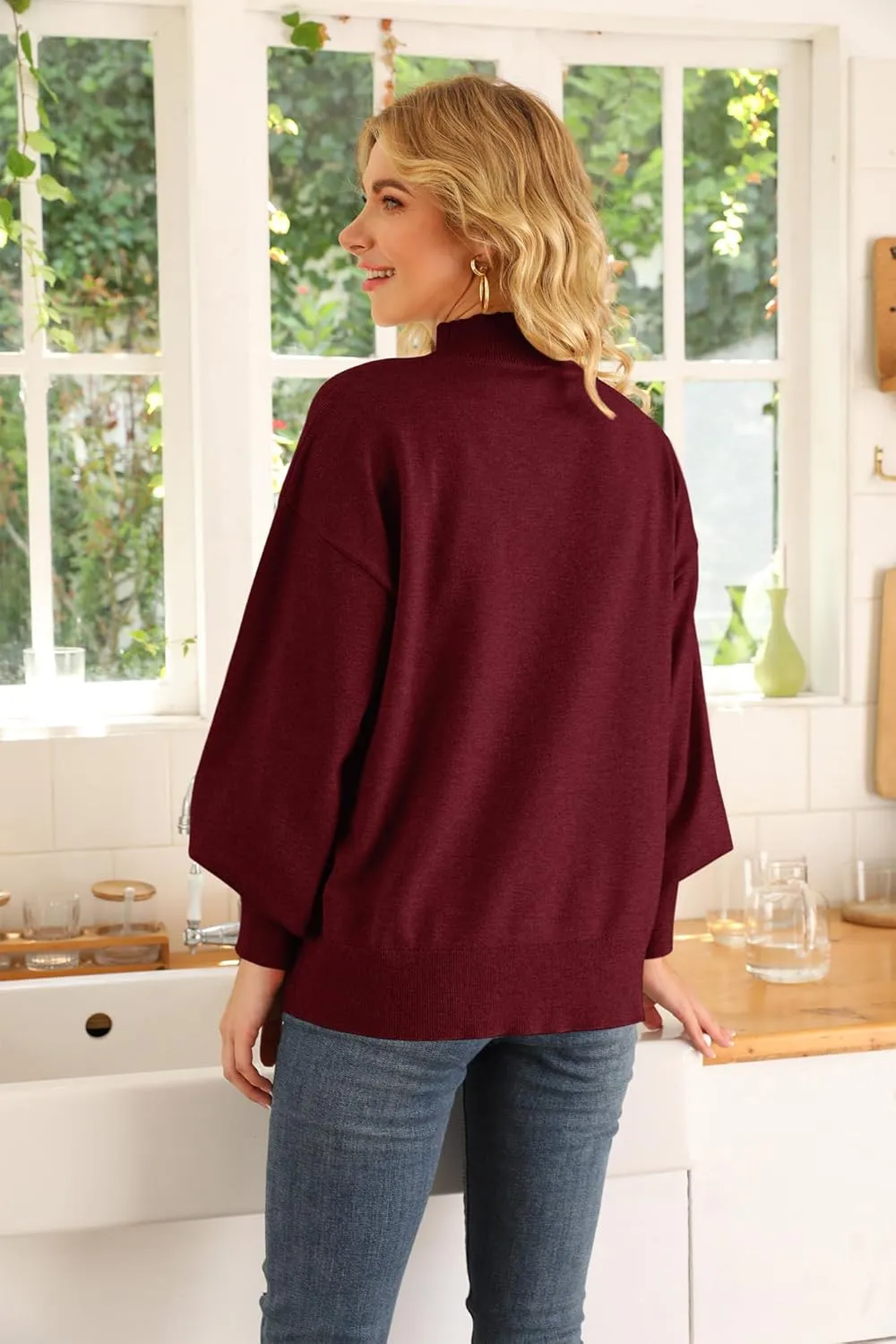 WEACZZY Women's 2025 Fall Fashion Casual Sweaters Mock Neck Long Lantern Sleeve Lightweight Knit Pullover Sweater Tops
