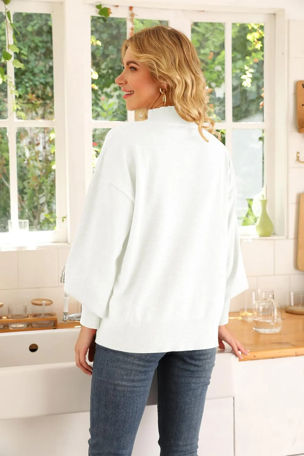 WEACZZY Women's 2025 Fall Fashion Casual Sweaters Mock Neck Long Lantern Sleeve Lightweight Knit Pullover Sweater Tops