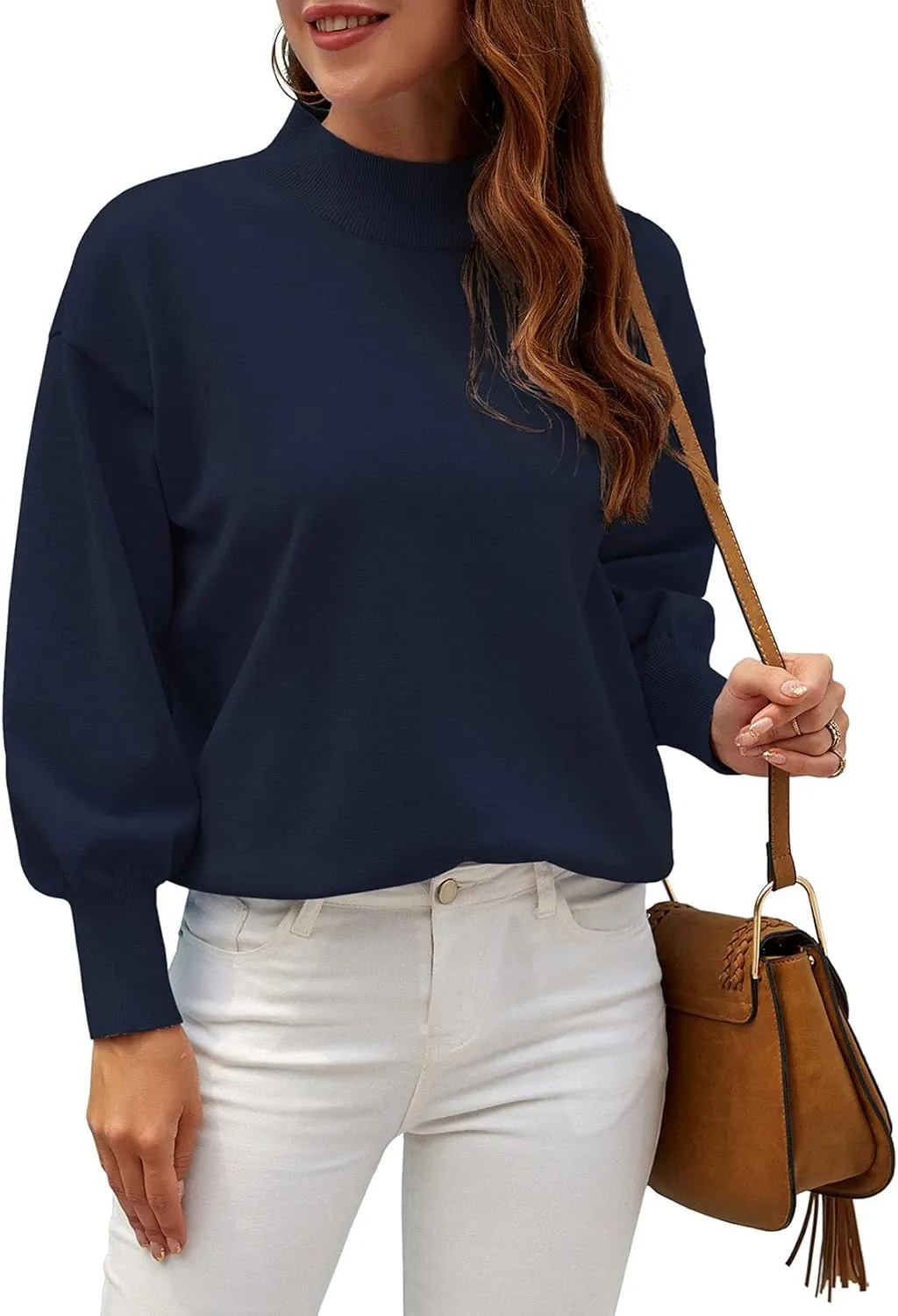 WEACZZY Women's 2025 Fall Fashion Casual Sweaters Mock Neck Long Lantern Sleeve Lightweight Knit Pullover Sweater Tops
