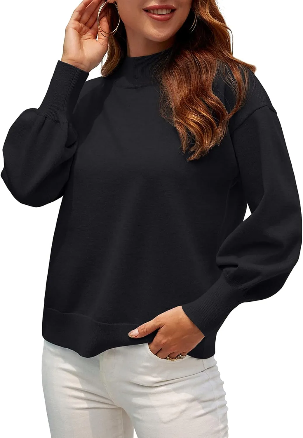 WEACZZY Women's 2025 Fall Fashion Casual Sweaters Mock Neck Long Lantern Sleeve Lightweight Knit Pullover Sweater Tops