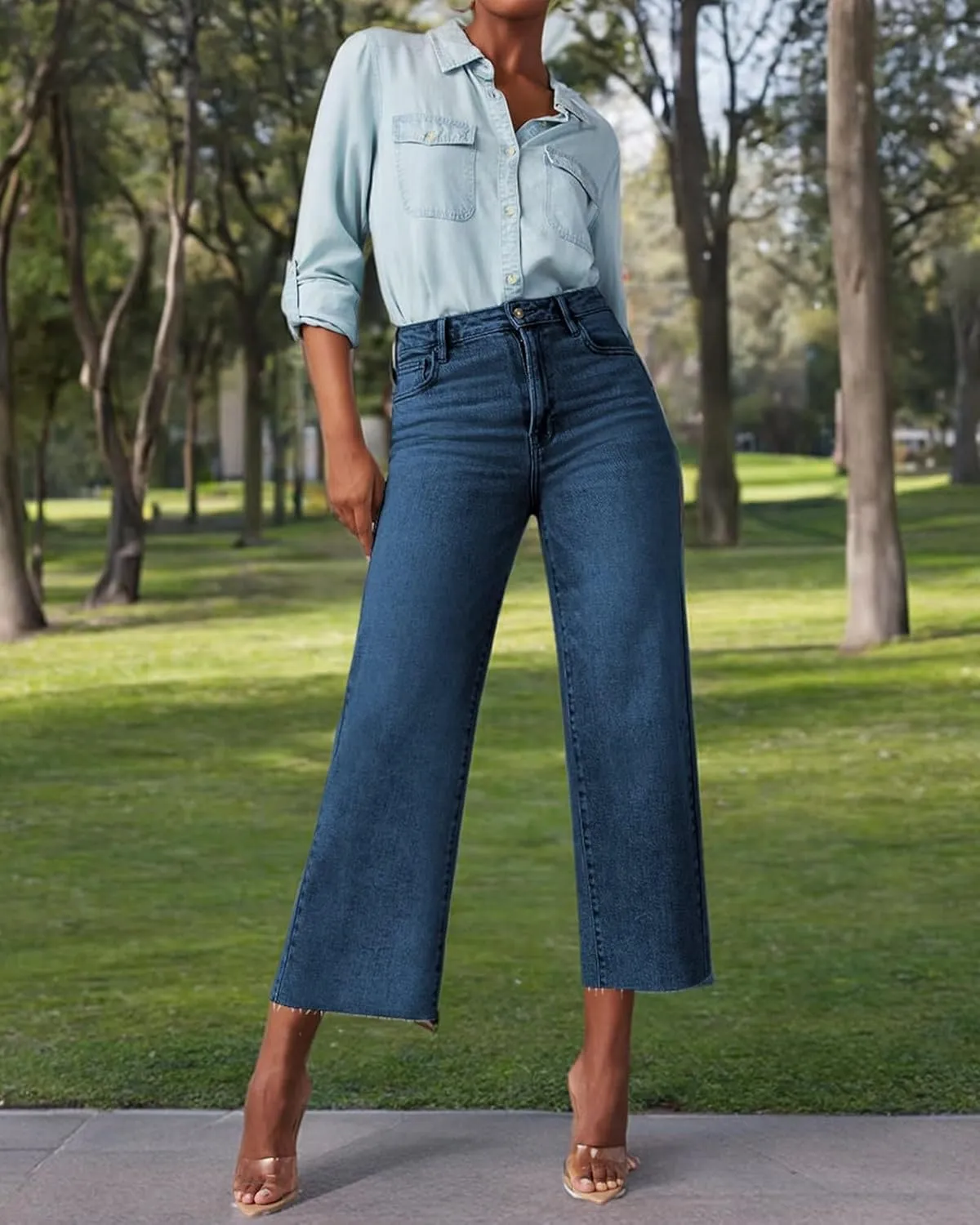 Wide Leg Jeans Woman Straight Leg Jeans for Women Stretchy High Waisted Crop Capri Woman Jeans with Raw Hem