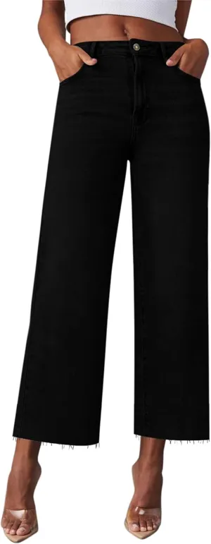Wide Leg Jeans Woman Straight Leg Jeans for Women Stretchy High Waisted Crop Capri Woman Jeans with Raw Hem