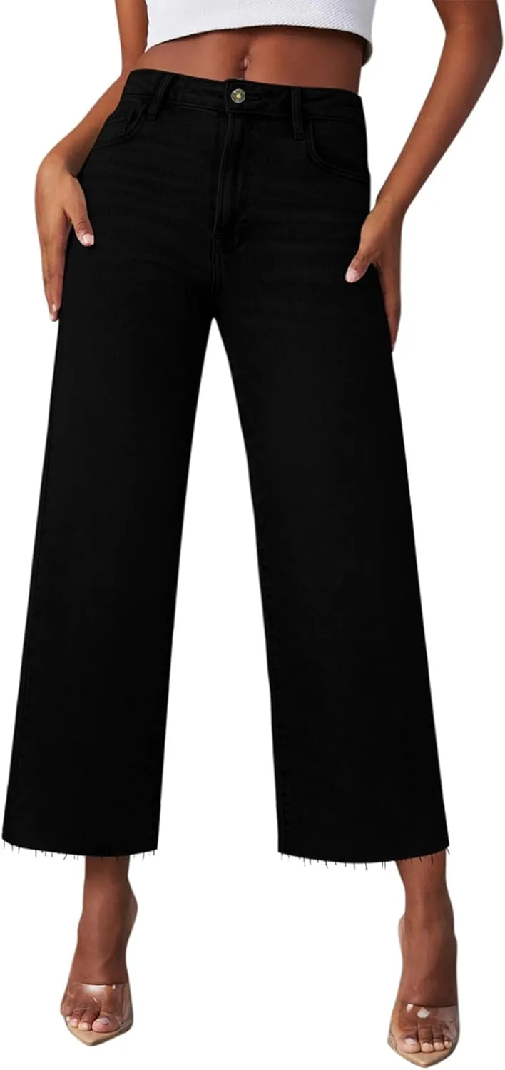 Wide Leg Jeans Woman Straight Leg Jeans for Women Stretchy High Waisted Crop Capri Woman Jeans with Raw Hem