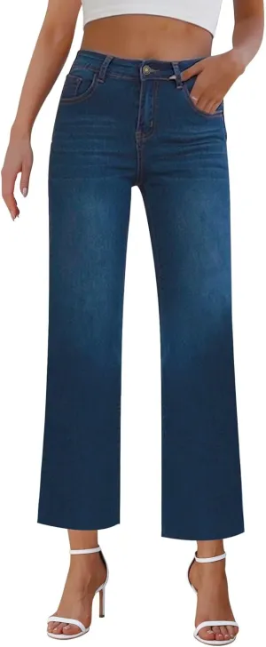 Wide Leg Jeans Woman Straight Leg Jeans for Women Stretchy High Waisted Crop Capri Woman Jeans with Raw Hem