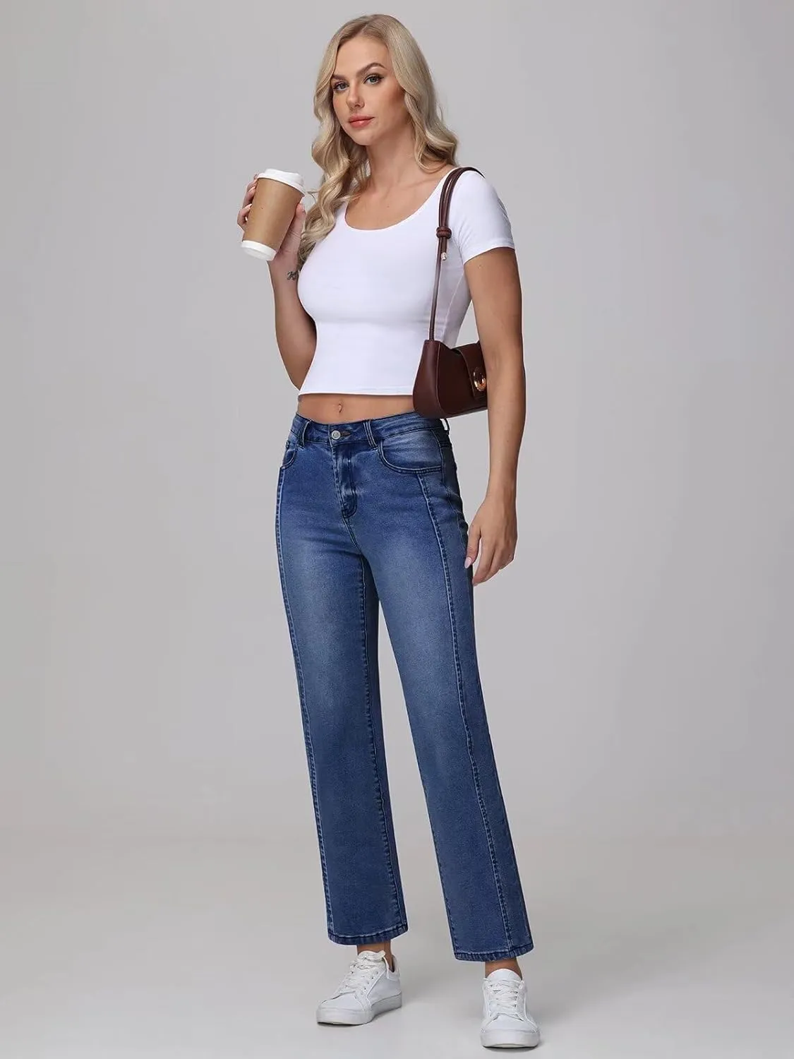 Wide Leg Jeans Woman Straight Leg Jeans for Women Stretchy High Waisted Crop Capri Woman Jeans with Raw Hem