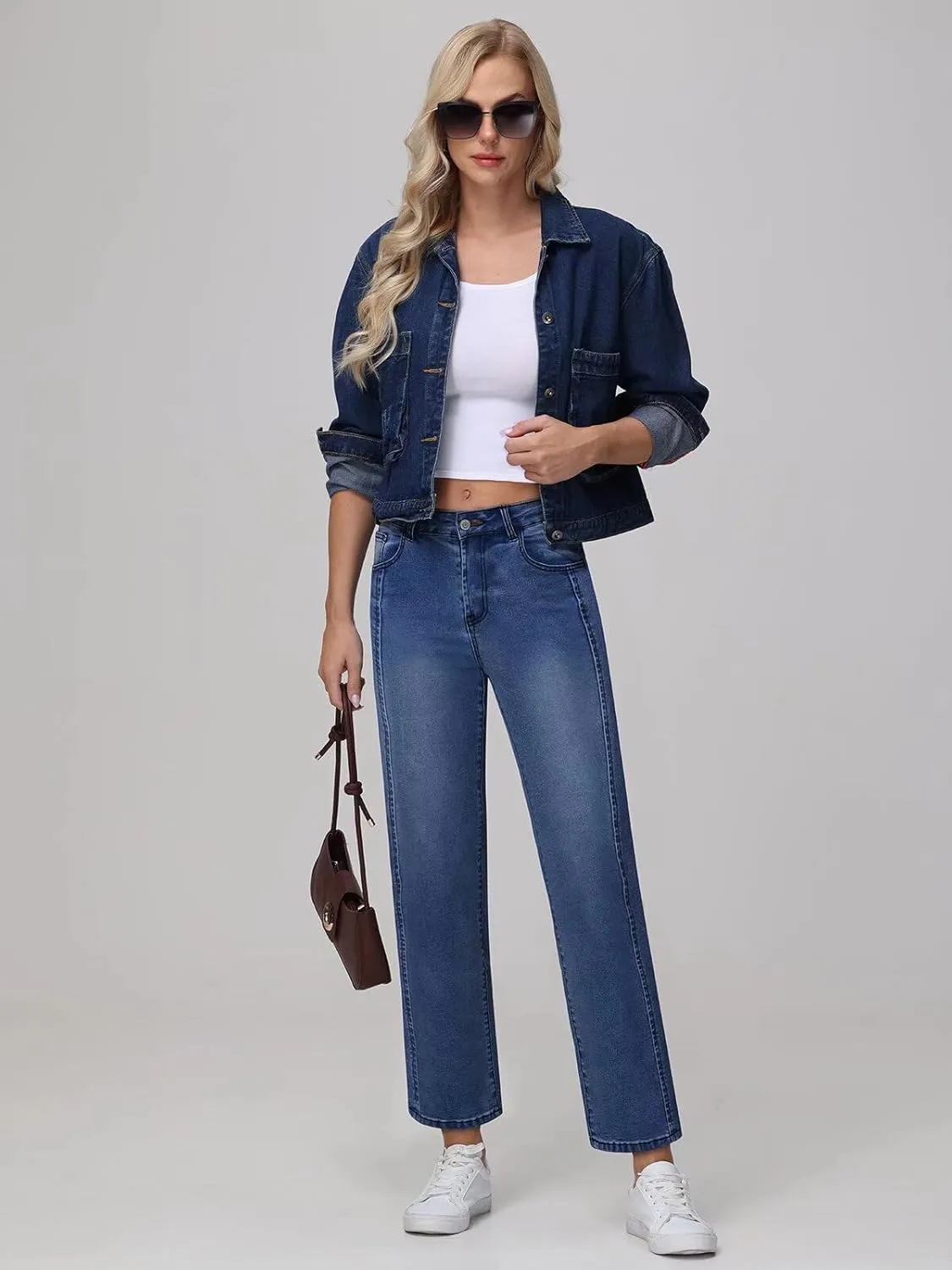 Wide Leg Jeans Woman Straight Leg Jeans for Women Stretchy High Waisted Crop Capri Woman Jeans with Raw Hem