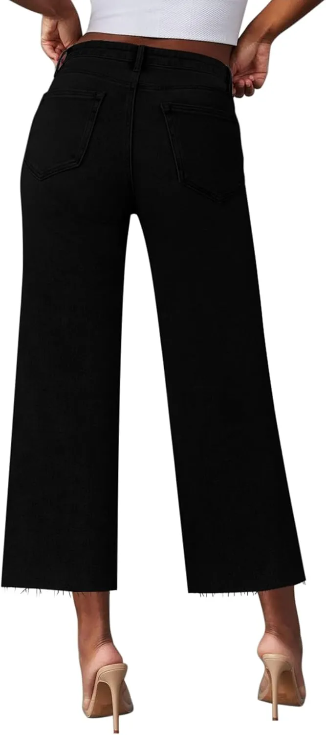 Wide Leg Jeans Woman Straight Leg Jeans for Women Stretchy High Waisted Crop Capri Woman Jeans with Raw Hem
