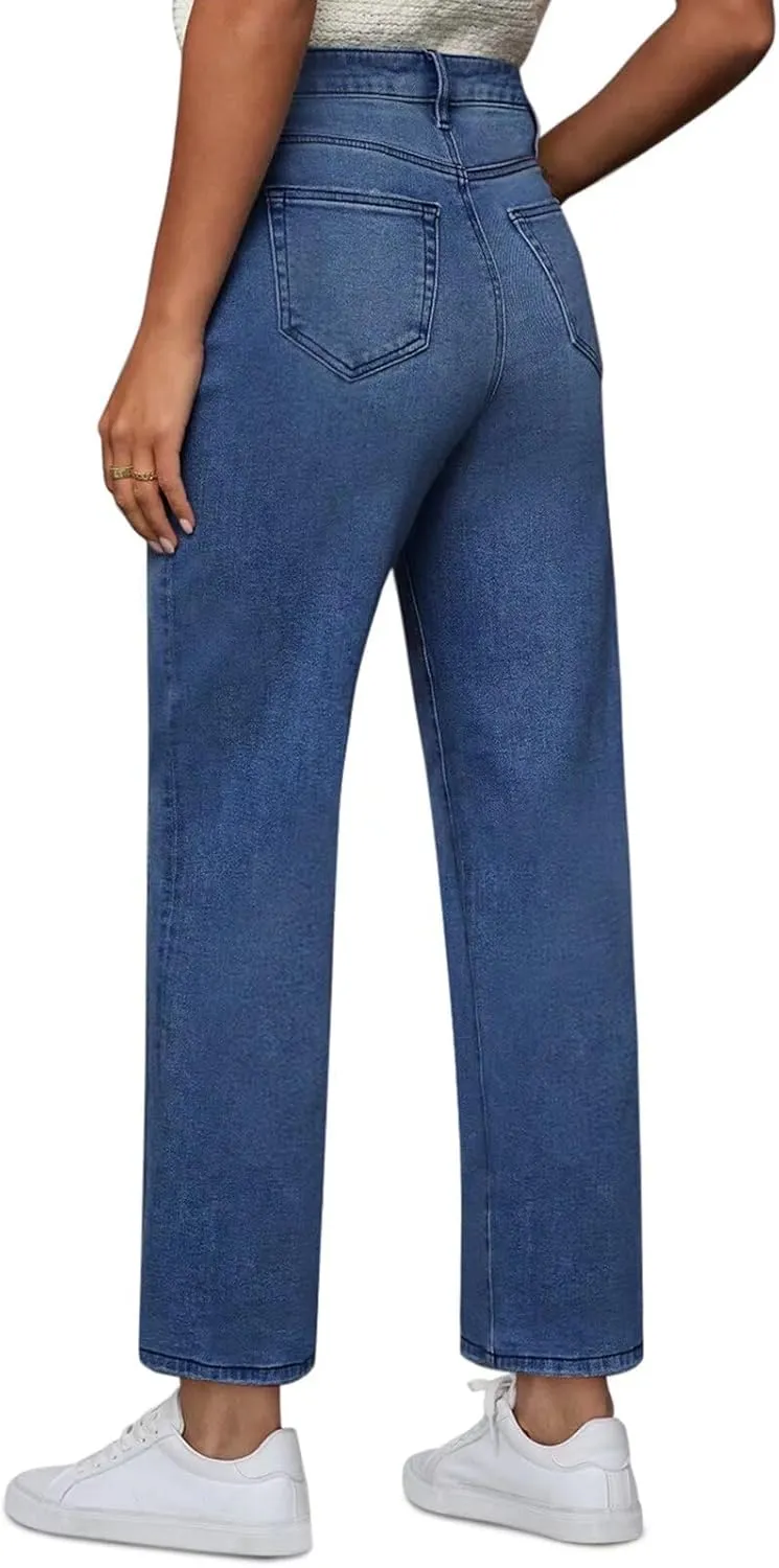 Wide Leg Jeans Woman Straight Leg Jeans for Women Stretchy High Waisted Crop Capri Woman Jeans with Raw Hem