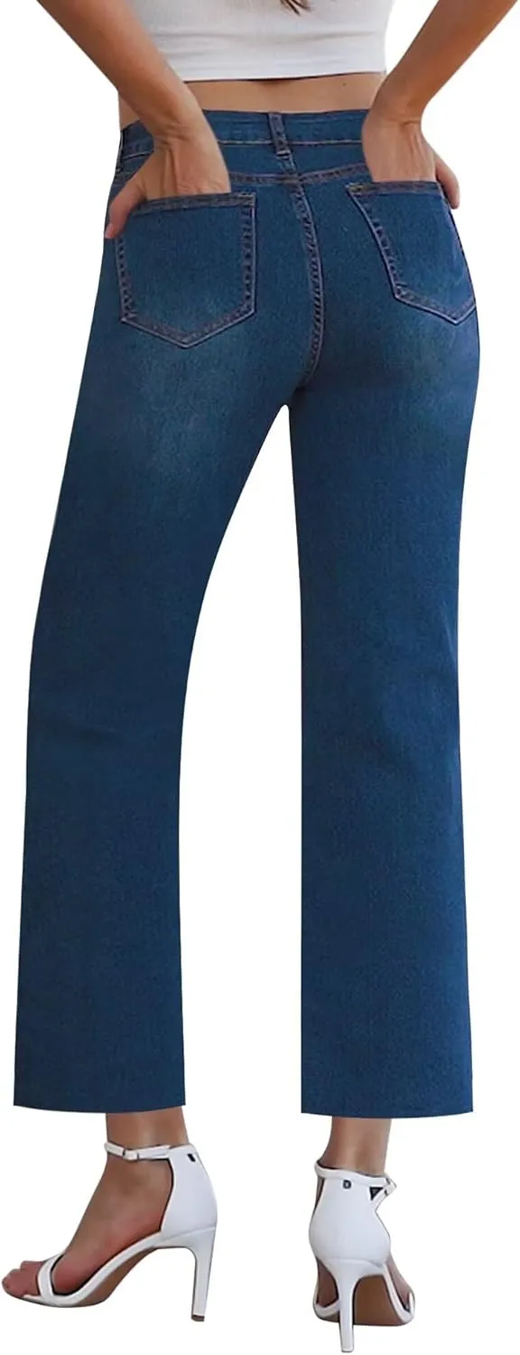Wide Leg Jeans Woman Straight Leg Jeans for Women Stretchy High Waisted Crop Capri Woman Jeans with Raw Hem