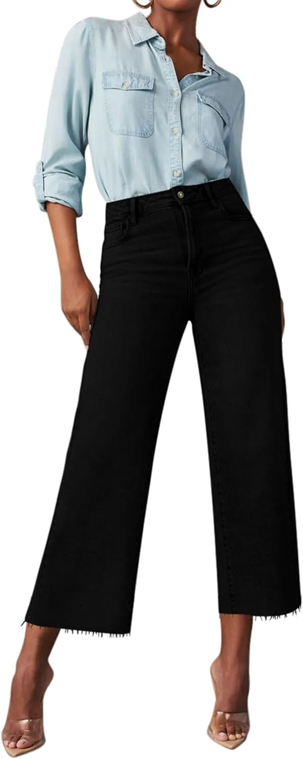 Wide Leg Jeans Woman Straight Leg Jeans for Women Stretchy High Waisted Crop Capri Woman Jeans with Raw Hem