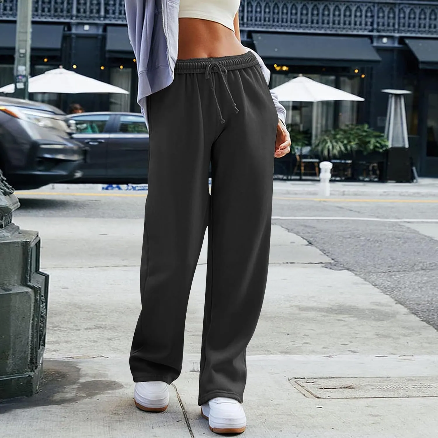 Wide Leg Sweatpants Women Baggy High Waisted Drawstring Joggers with Pockets Trendy Fleece Track Pants