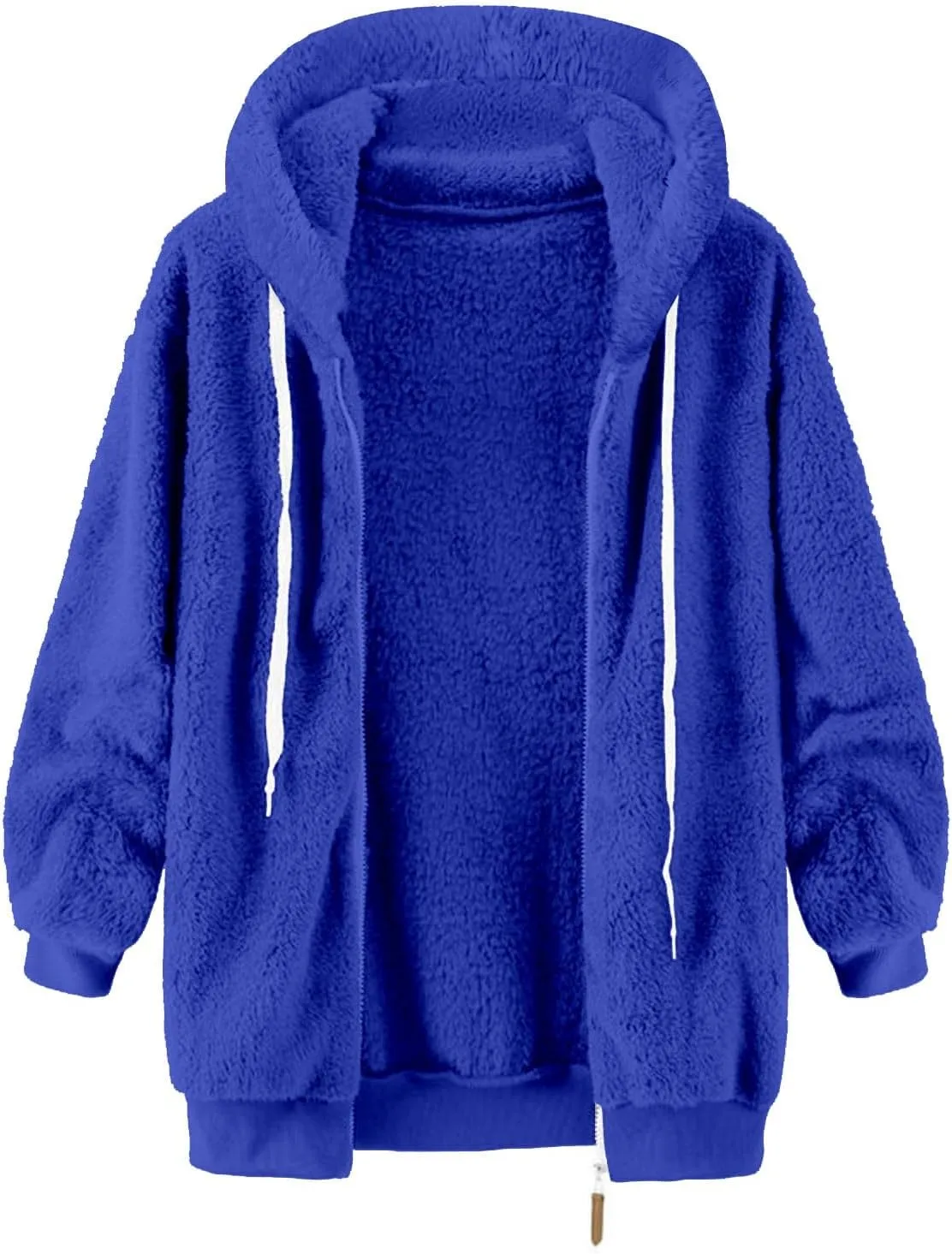Winter Fleece Coat for Women Loose Fit Warm Fuzzy Long Sleeve Zip Up Jacket with Drawstring Hood Plush Fluffy Hoodies