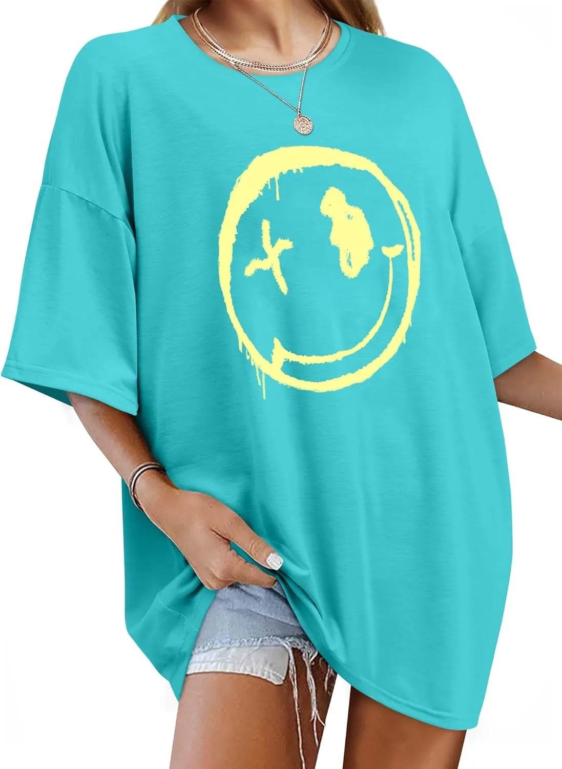 WLLW Women's Drop Shoulder Cute Oversized Graphic Tees Loose Crewneck Half Sleeve Preppy Graphic T Shirts Tops