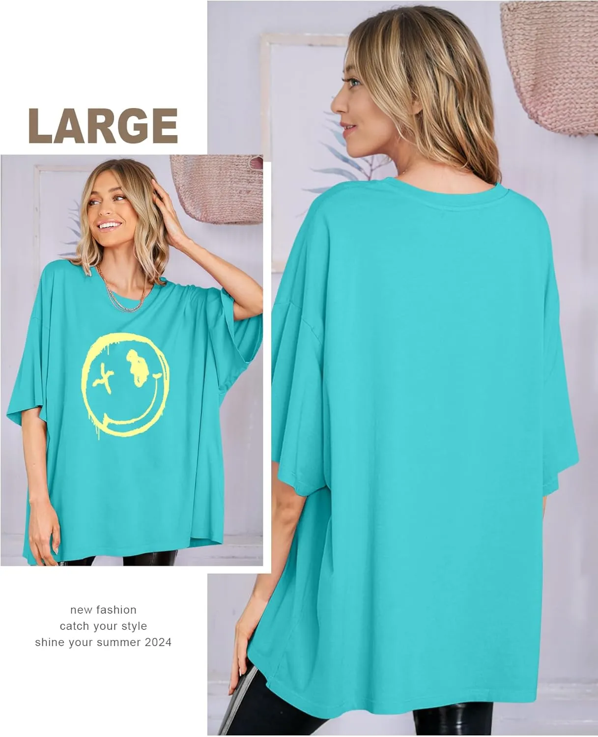 WLLW Women's Drop Shoulder Cute Oversized Graphic Tees Loose Crewneck Half Sleeve Preppy Graphic T Shirts Tops