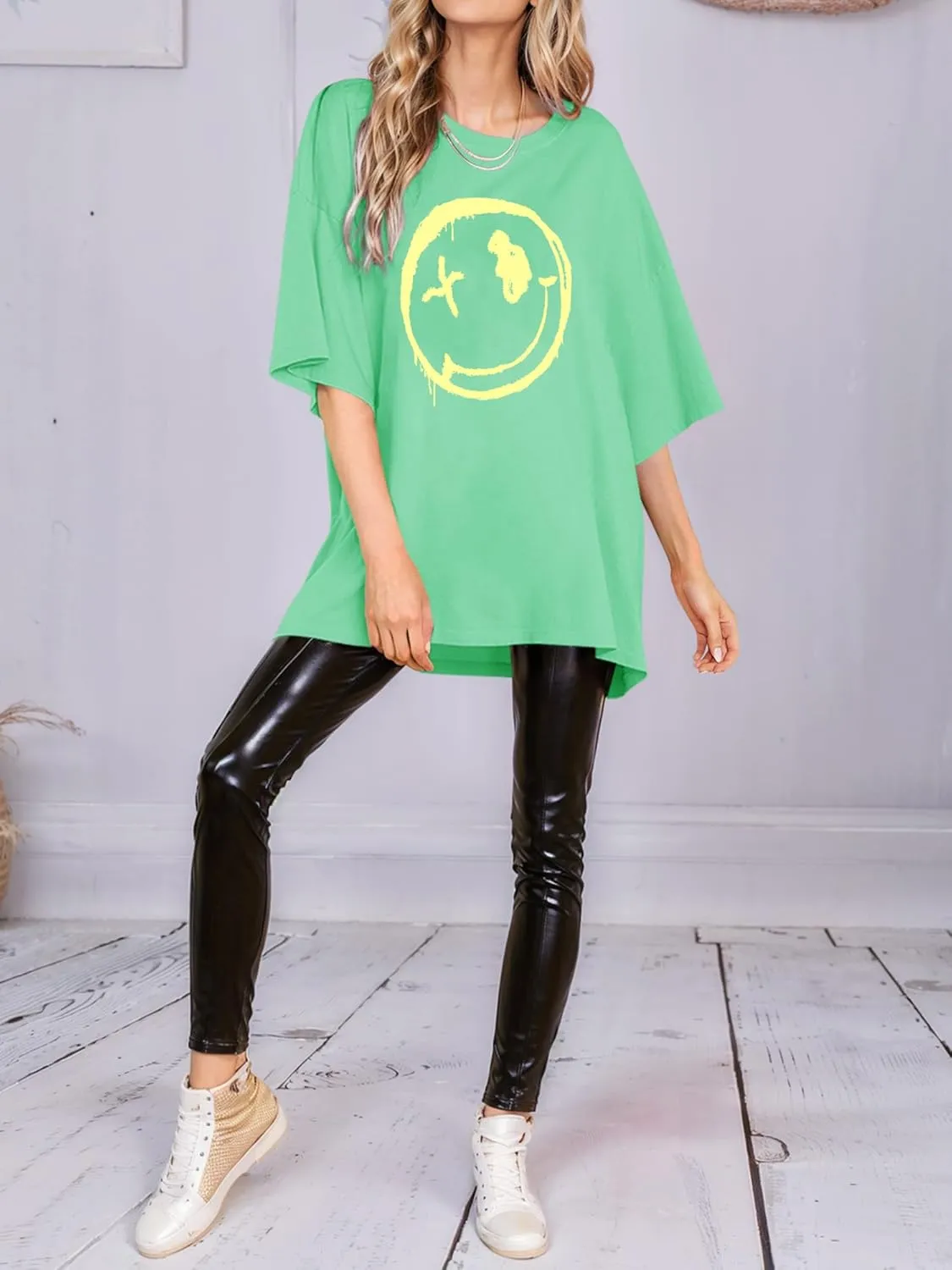WLLW Women's Drop Shoulder Cute Oversized Graphic Tees Loose Crewneck Half Sleeve Preppy Graphic T Shirts Tops