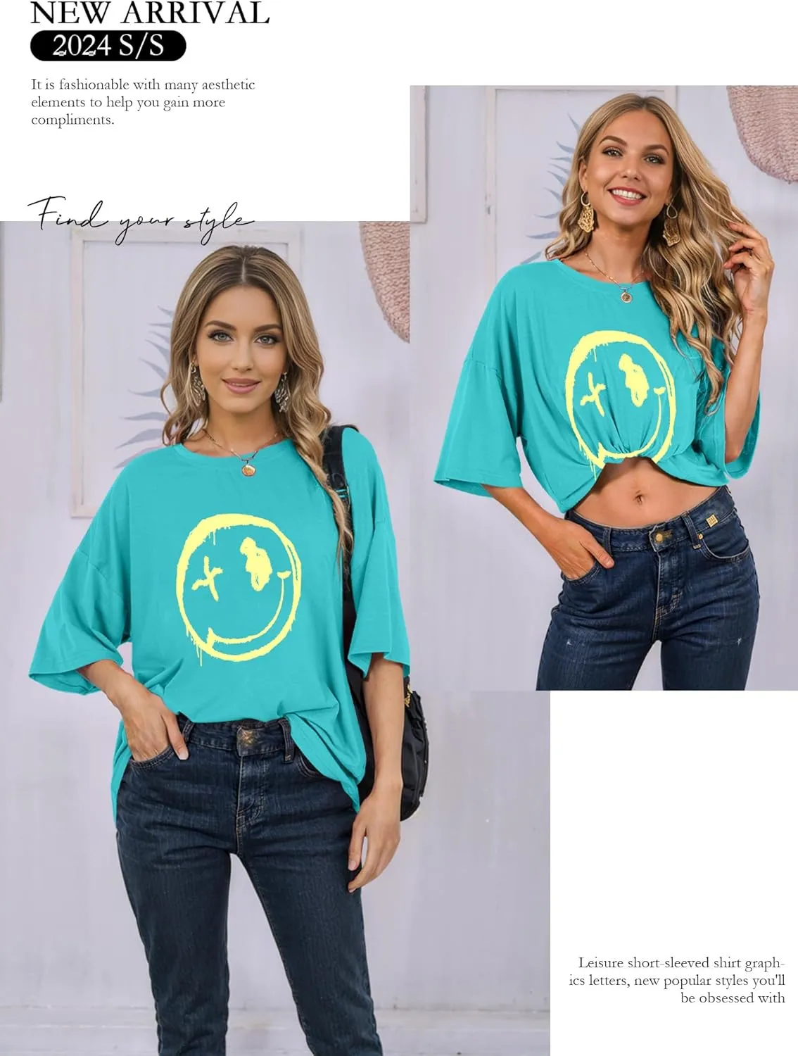 WLLW Women's Drop Shoulder Cute Oversized Graphic Tees Loose Crewneck Half Sleeve Preppy Graphic T Shirts Tops
