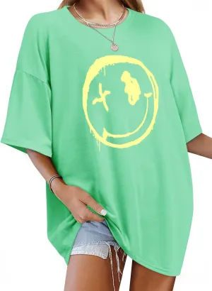 WLLW Women's Drop Shoulder Cute Oversized Graphic Tees Loose Crewneck Half Sleeve Preppy Graphic T Shirts Tops