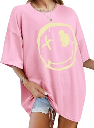 WLLW Women's Drop Shoulder Cute Oversized Graphic Tees Loose Crewneck Half Sleeve Preppy Graphic T Shirts Tops