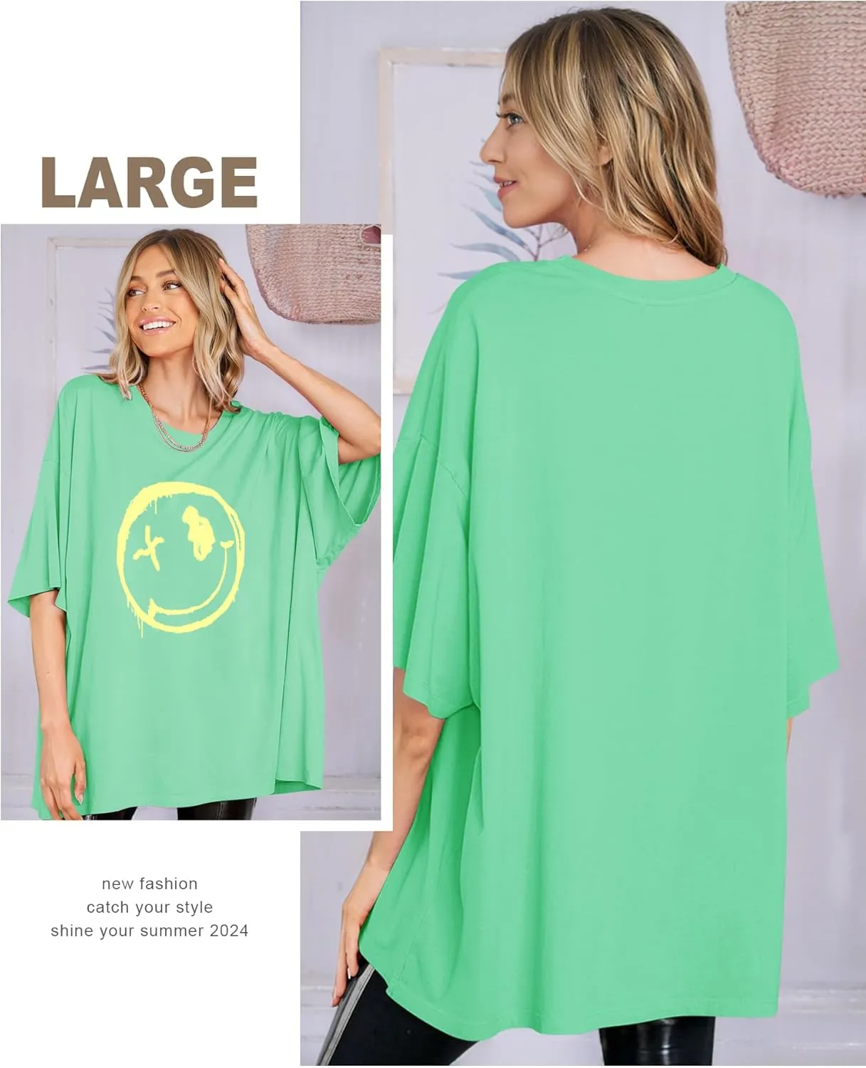 WLLW Women's Drop Shoulder Cute Oversized Graphic Tees Loose Crewneck Half Sleeve Preppy Graphic T Shirts Tops