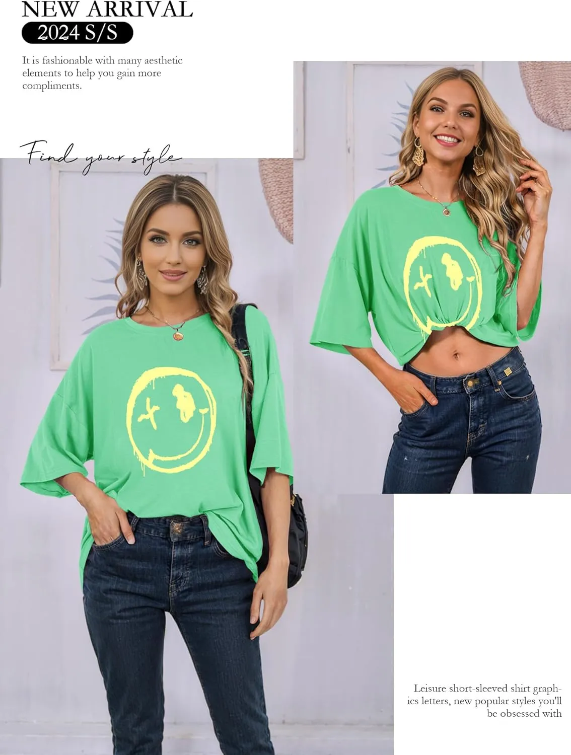 WLLW Women's Drop Shoulder Cute Oversized Graphic Tees Loose Crewneck Half Sleeve Preppy Graphic T Shirts Tops
