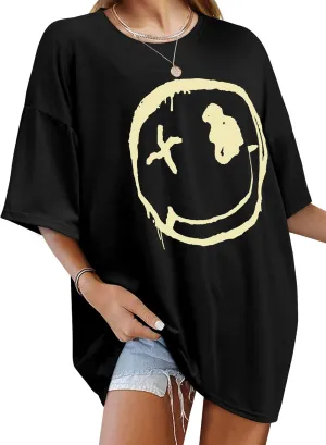 WLLW Women's Drop Shoulder Cute Oversized Graphic Tees Loose Crewneck Half Sleeve Preppy Graphic T Shirts Tops