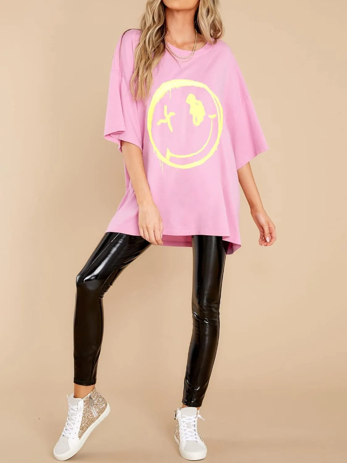 WLLW Women's Drop Shoulder Cute Oversized Graphic Tees Loose Crewneck Half Sleeve Preppy Graphic T Shirts Tops