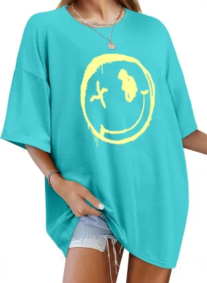 WLLW Women's Drop Shoulder Cute Oversized Graphic Tees Loose Crewneck Half Sleeve Preppy Graphic T Shirts Tops