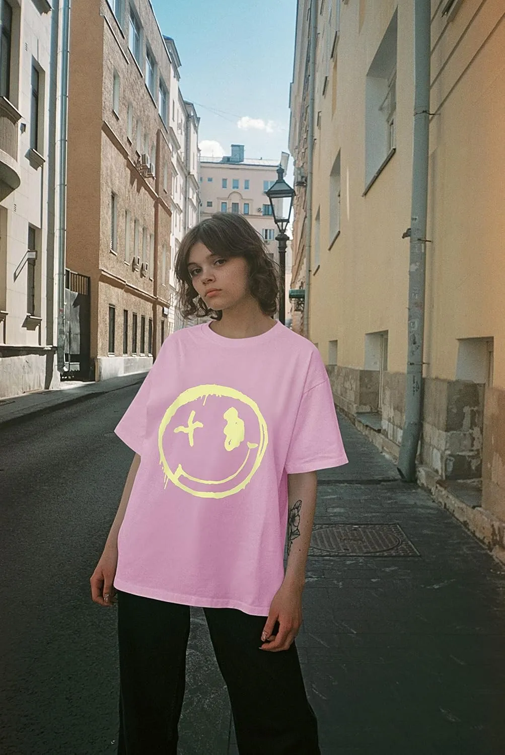 WLLW Women's Drop Shoulder Cute Oversized Graphic Tees Loose Crewneck Half Sleeve Preppy Graphic T Shirts Tops