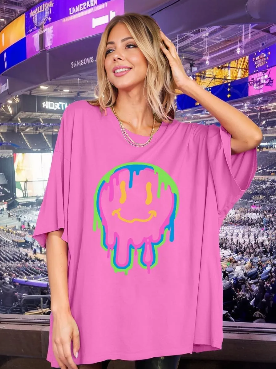 WLLW Womens Oversized Graphic Tees Crewneck Short Sleeve Loose Tops Preppy Graphic T Shirts