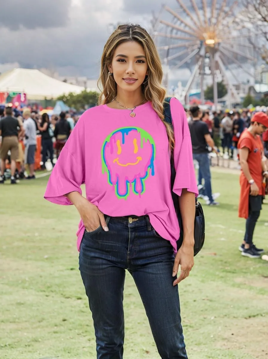 WLLW Womens Oversized Graphic Tees Crewneck Short Sleeve Loose Tops Preppy Graphic T Shirts
