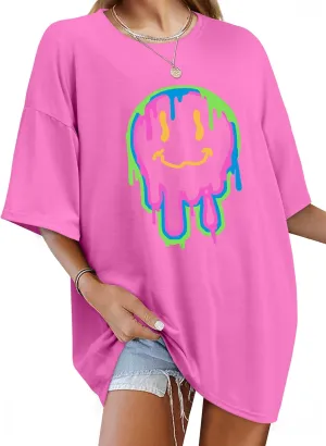 WLLW Womens Oversized Graphic Tees Crewneck Short Sleeve Loose Tops Preppy Graphic T Shirts