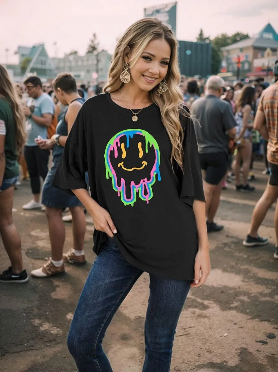 WLLW Womens Oversized Graphic Tees Crewneck Short Sleeve Loose Tops Preppy Graphic T Shirts