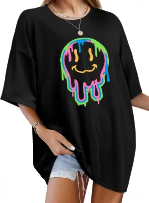 WLLW Womens Oversized Graphic Tees Crewneck Short Sleeve Loose Tops Preppy Graphic T Shirts