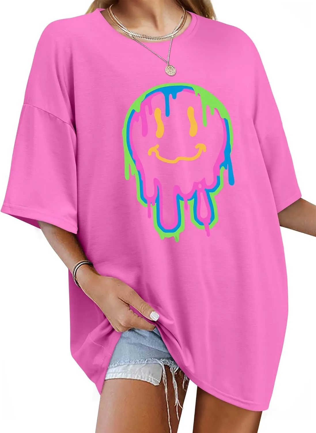WLLW Womens Oversized Graphic Tees Crewneck Short Sleeve Loose Tops Preppy Graphic T Shirts