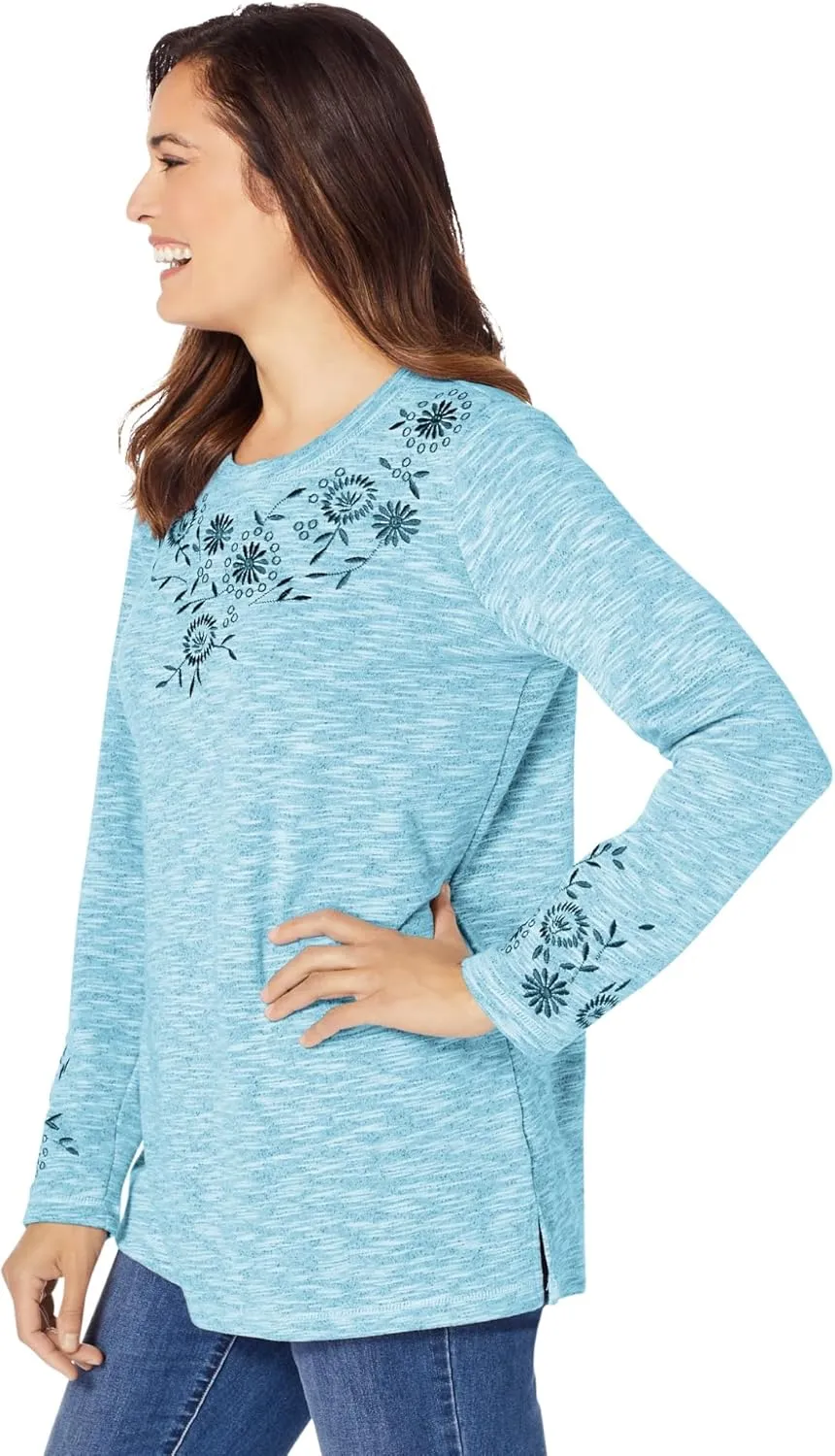 Woman Within Women's Plus Size Floral Embroidered Sweatshirt Tee