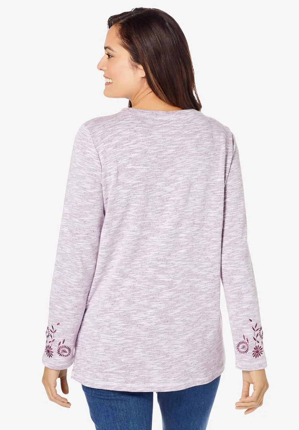 Woman Within Women's Plus Size Floral Embroidered Sweatshirt Tee