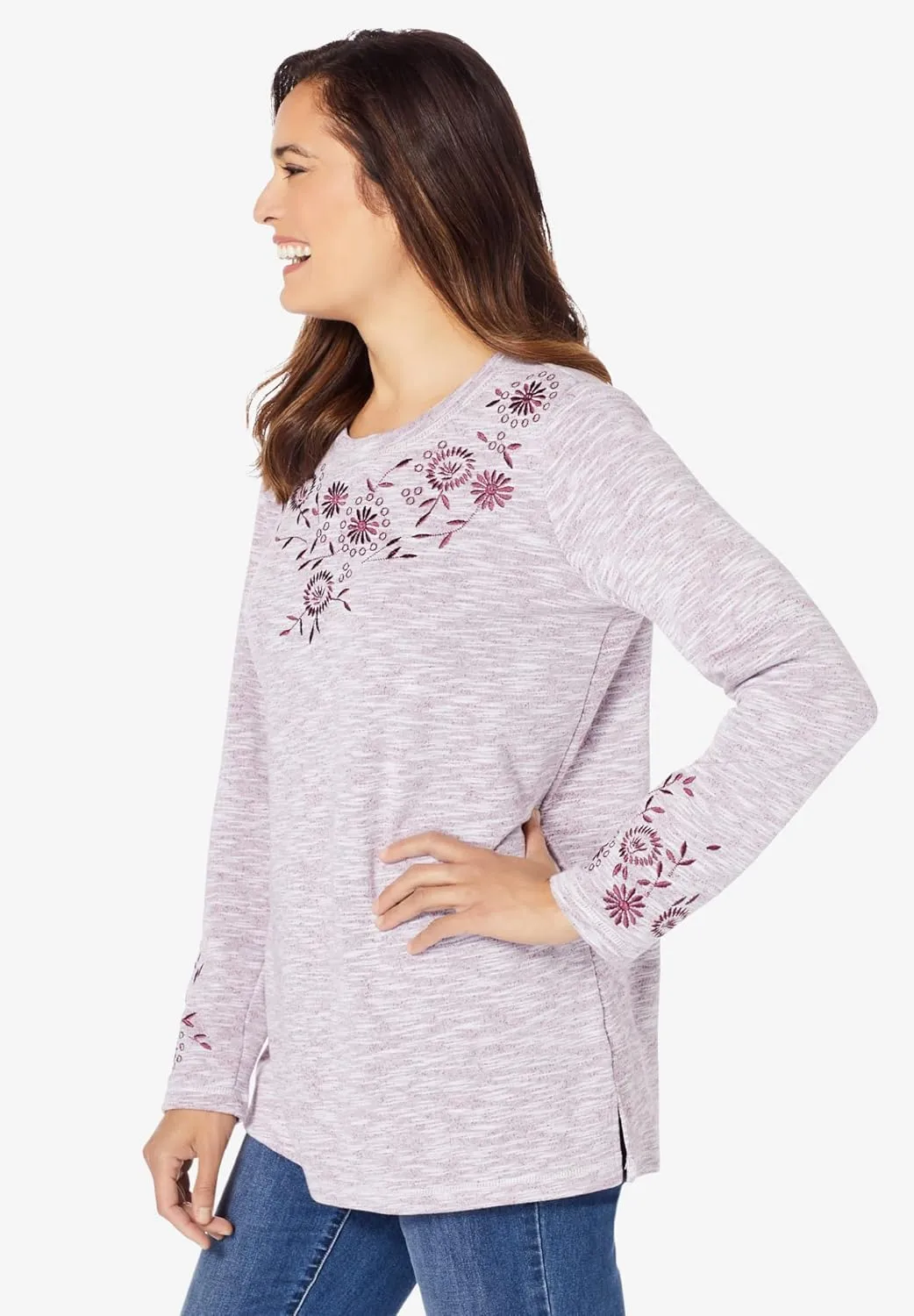 Woman Within Women's Plus Size Floral Embroidered Sweatshirt Tee