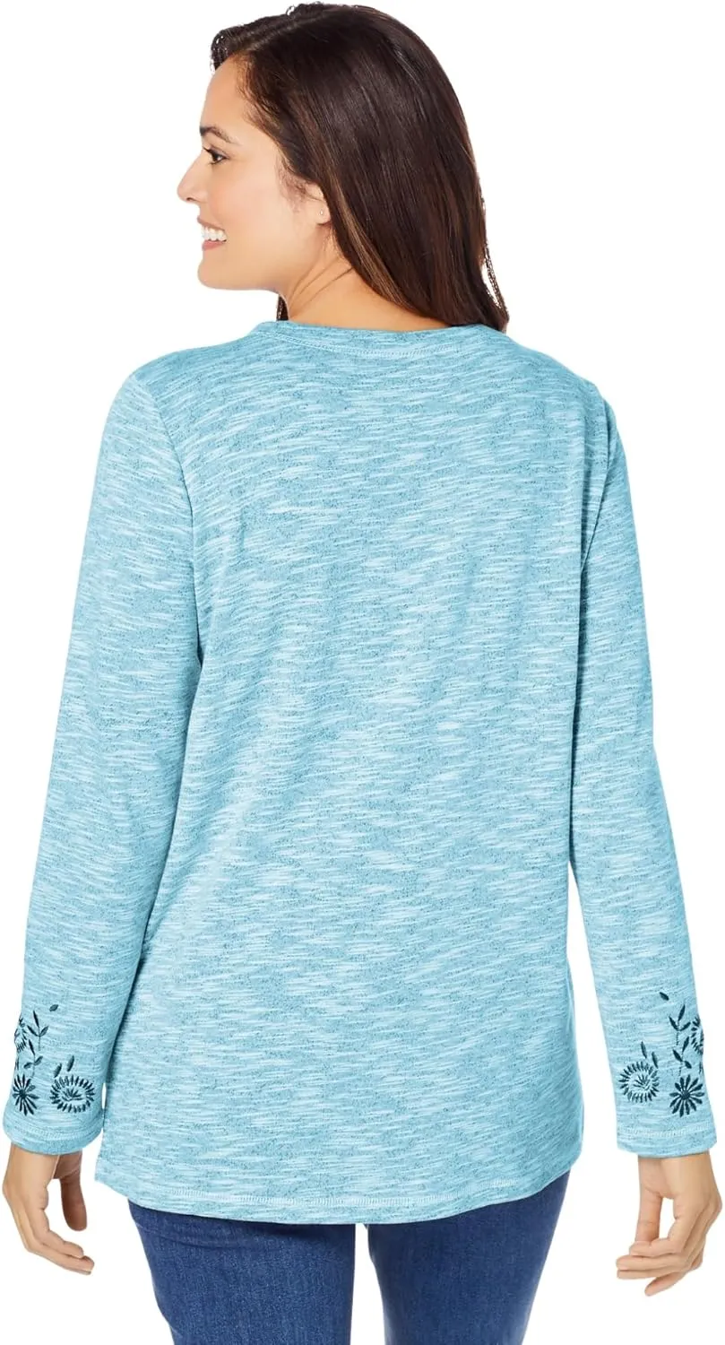 Woman Within Women's Plus Size Floral Embroidered Sweatshirt Tee