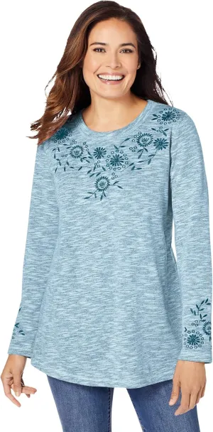 Woman Within Women's Plus Size Floral Embroidered Sweatshirt Tee