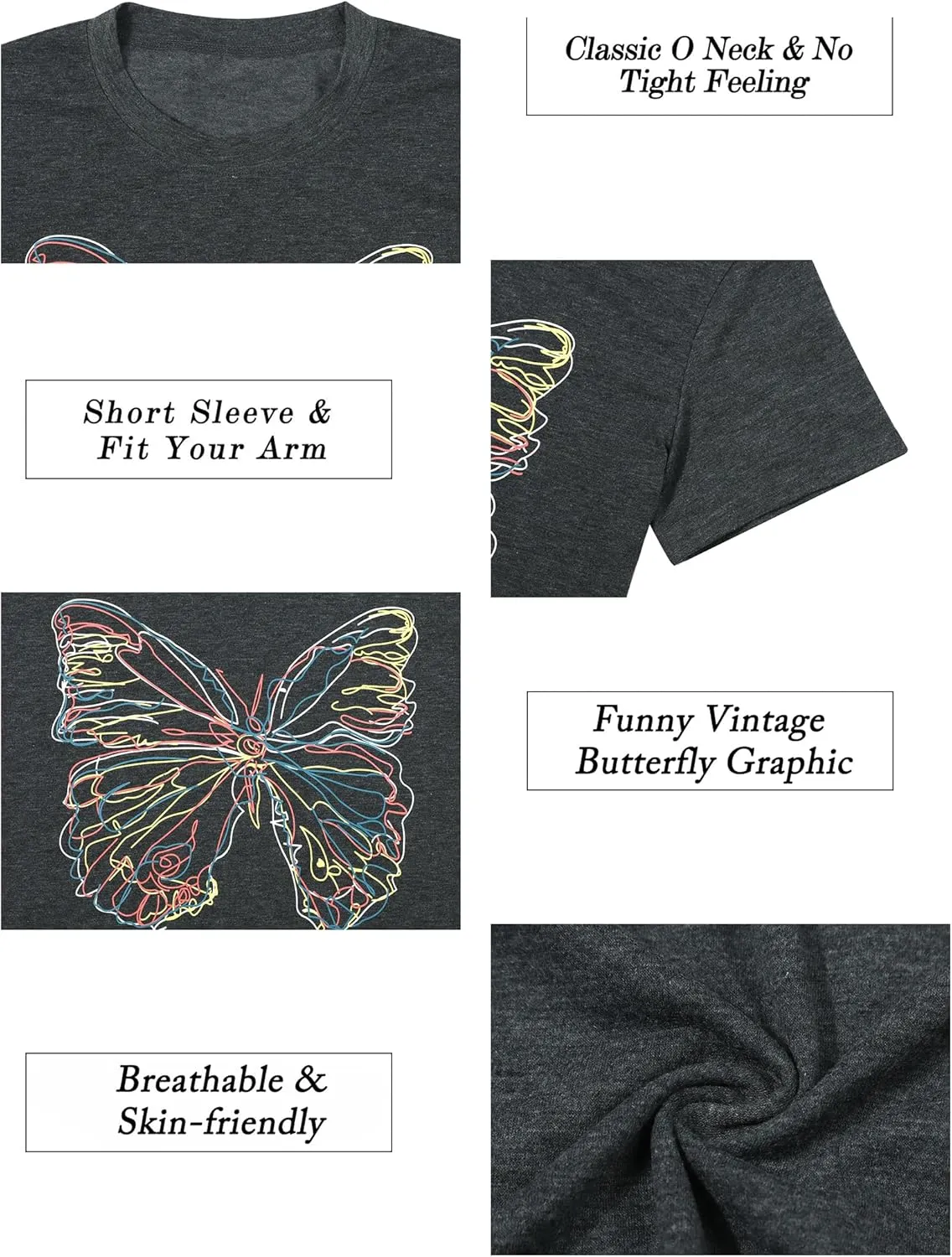 Women Butterfly Graphic T Shirt Funny Vintage Tee Shirt Summer Casual Graphic Print Crewneck T-Shirts Tops