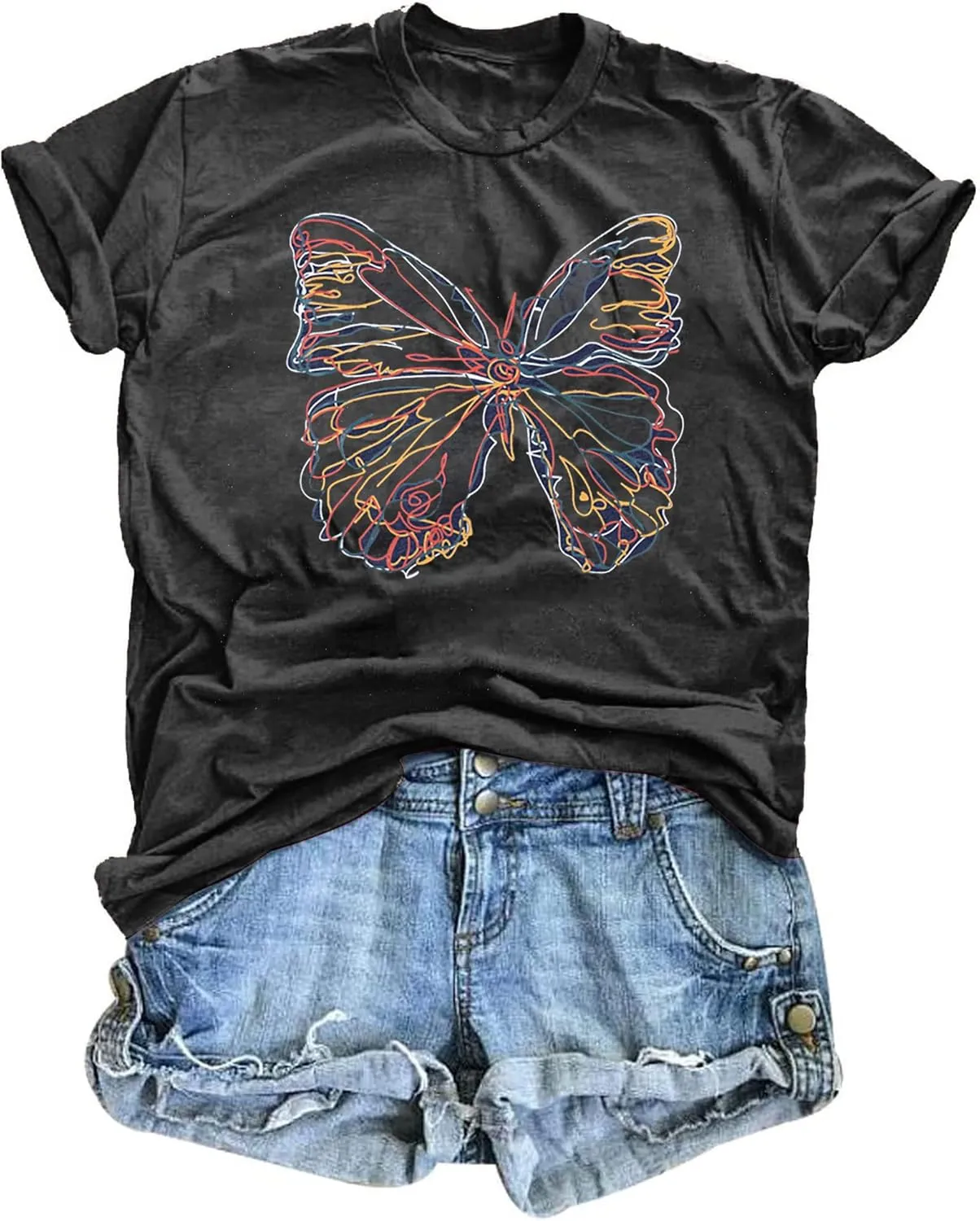 Women Butterfly Graphic T Shirt Funny Vintage Tee Shirt Summer Casual Graphic Print Crewneck T-Shirts Tops
