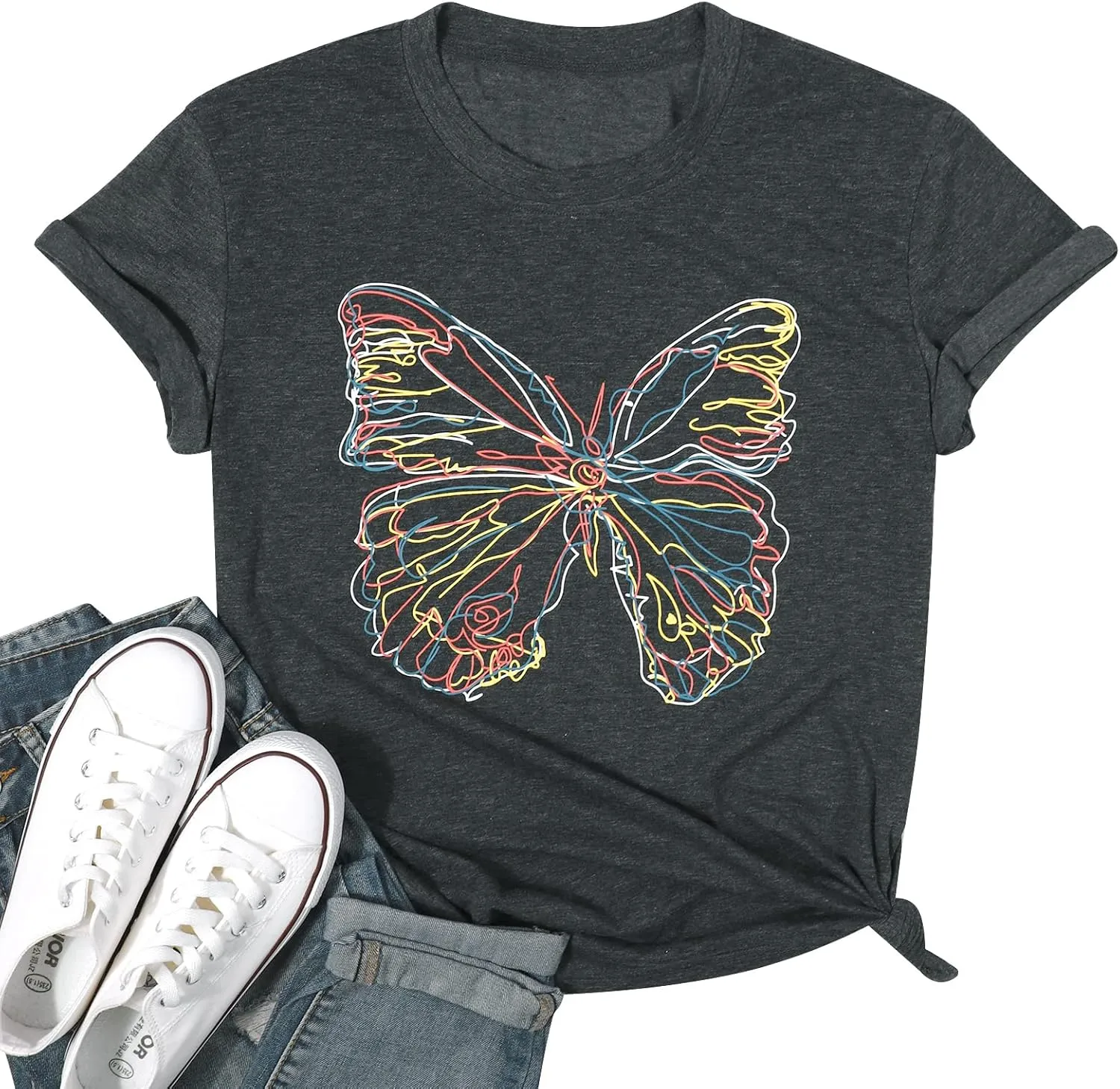 Women Butterfly Graphic T Shirt Funny Vintage Tee Shirt Summer Casual Graphic Print Crewneck T-Shirts Tops