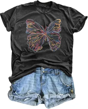 Women Butterfly Graphic T Shirt Funny Vintage Tee Shirt Summer Casual Graphic Print Crewneck T-Shirts Tops