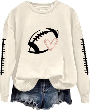 Women Game Day Sweatshirt Ladies' Round Neck Long Sleeved Printed Solid Color Cute Football Graphic