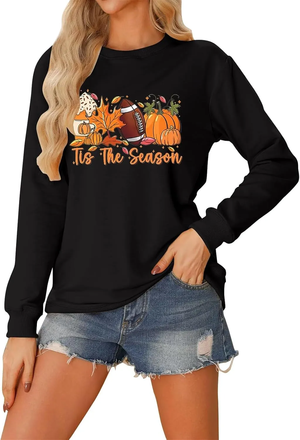 Women Game Day Sweatshirt Ladies' Round Neck Long Sleeved Printed Solid Color Cute Football Graphic