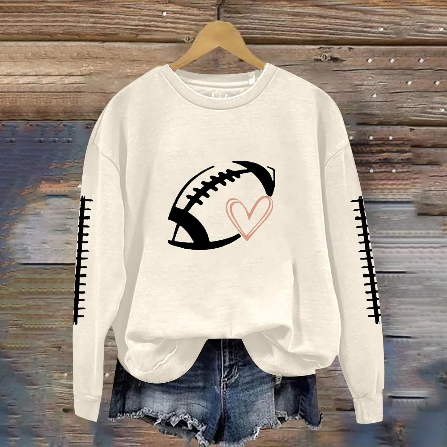 Women Game Day Sweatshirt Ladies' Round Neck Long Sleeved Printed Solid Color Cute Football Graphic