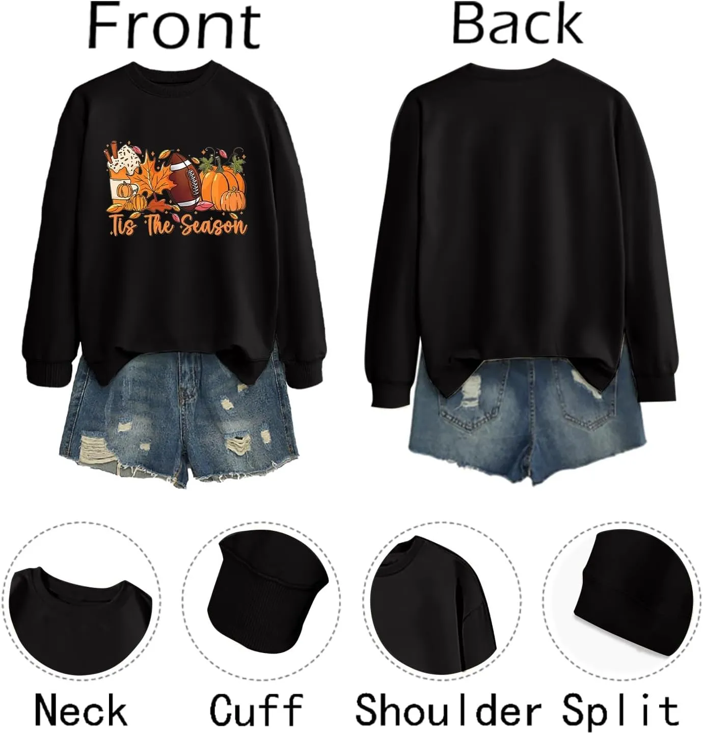 Women Game Day Sweatshirt Ladies' Round Neck Long Sleeved Printed Solid Color Cute Football Graphic