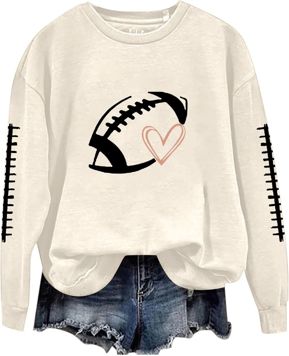 Women Game Day Sweatshirt Ladies' Round Neck Long Sleeved Printed Solid Color Cute Football Graphic