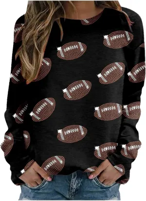 Women Game Day Sweatshirt Ladies' Round Neck Long Sleeved Printed Solid Color Cute Football Graphic
