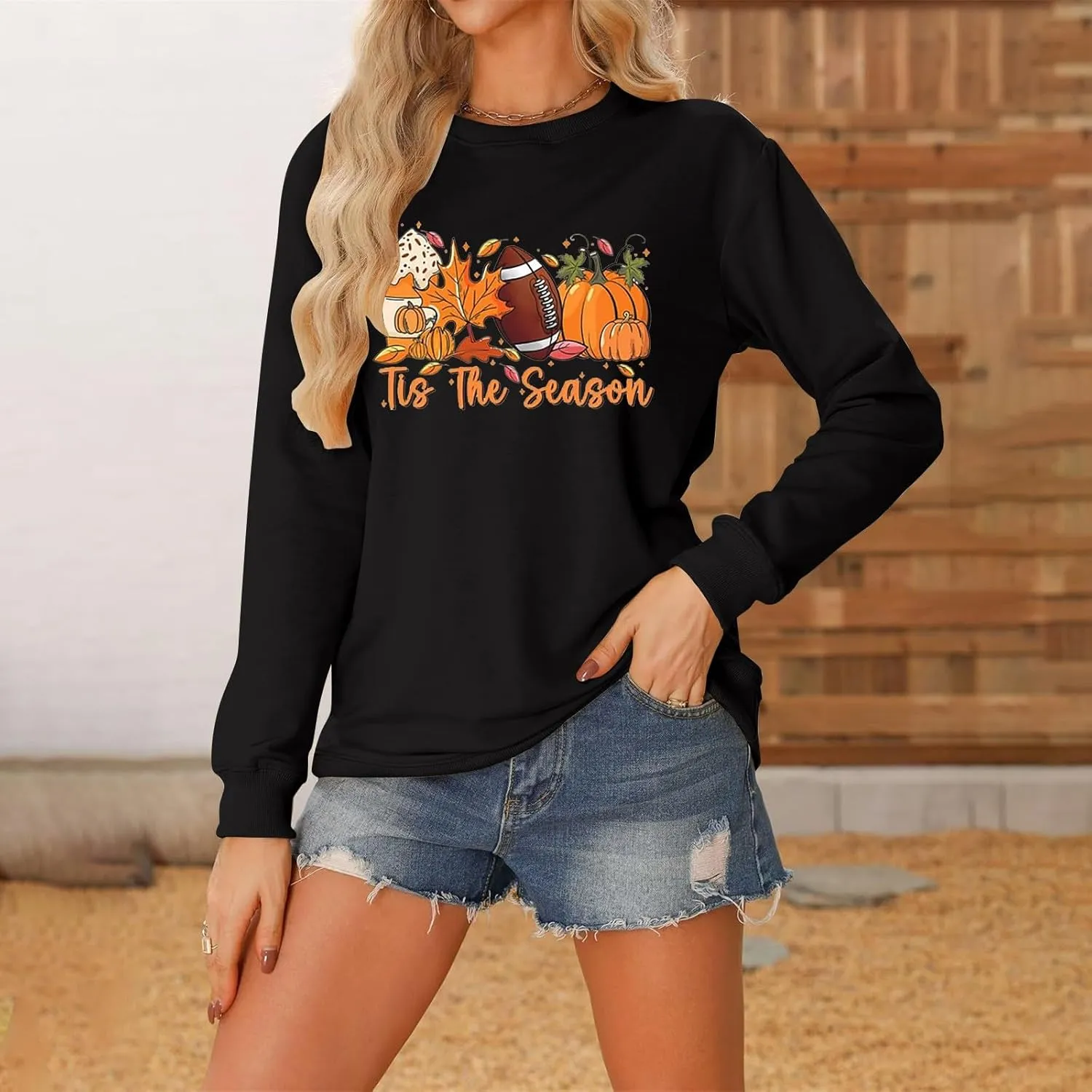 Women Game Day Sweatshirt Ladies' Round Neck Long Sleeved Printed Solid Color Cute Football Graphic
